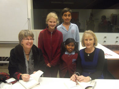 Through My Eyes launch - Rosanne Hawke and Lyn White with winners of Mount Waverley's annual writing competition  